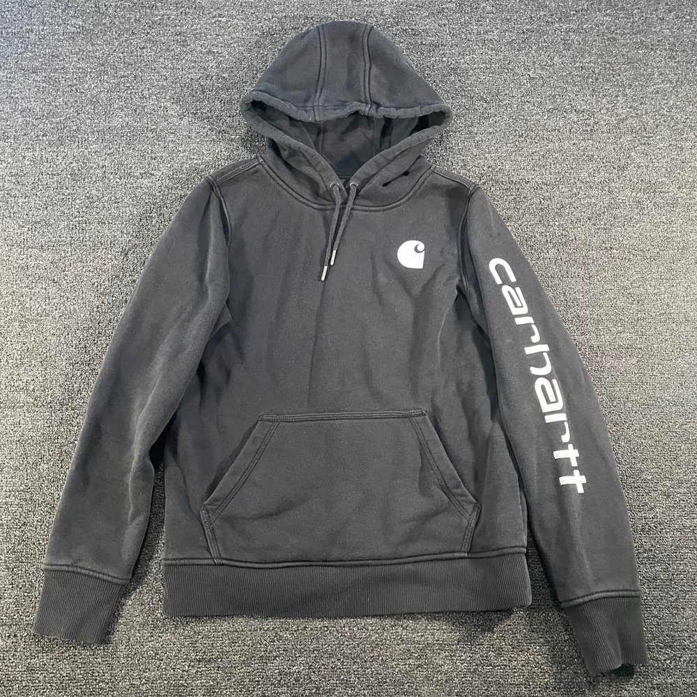 Carhartt Hoodie Women XS Black Good Relaxed Fit Graphic Sleeve Sweatshirt